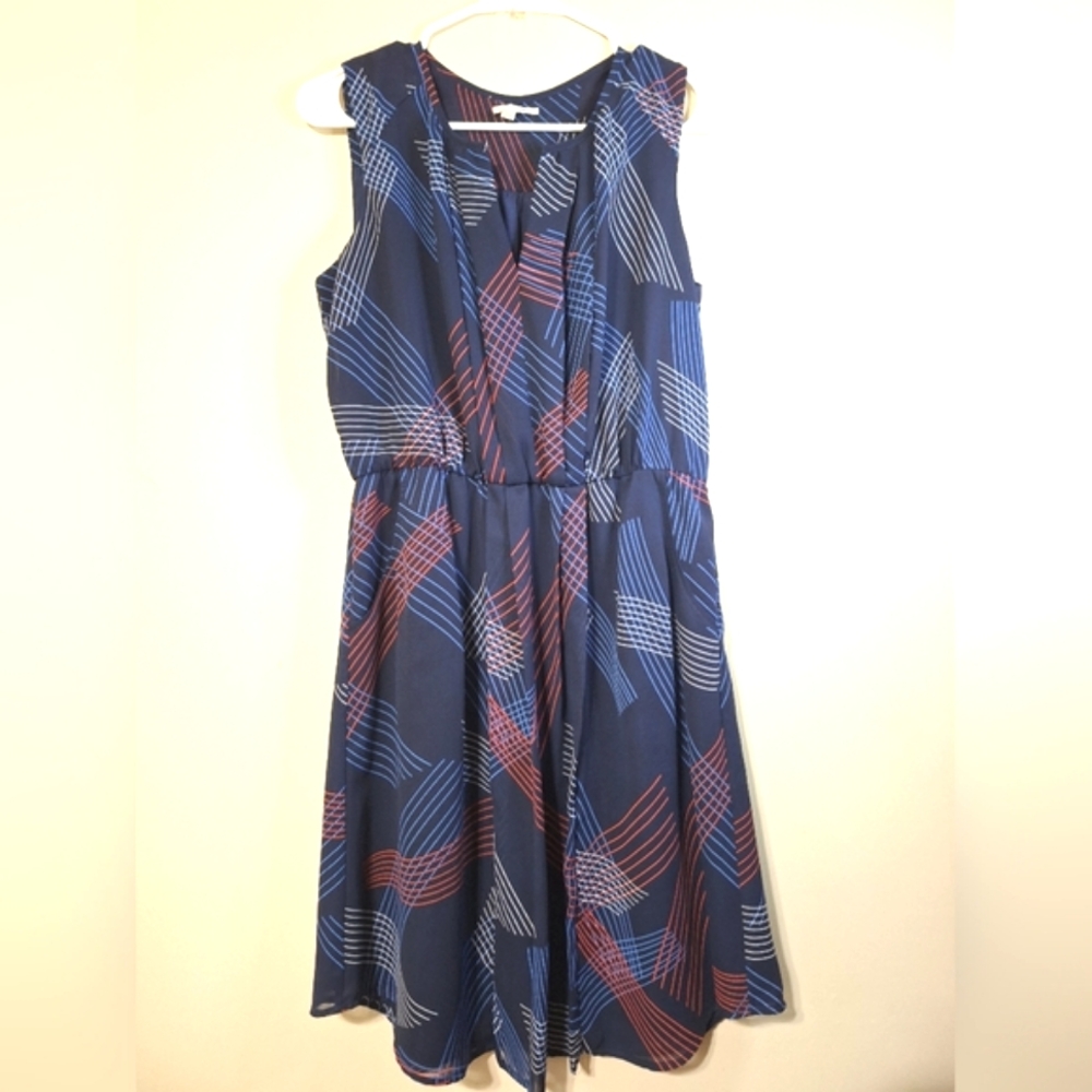 Halogen 8 Sleeveless Chiffon Navy Cross Hatch Pleated Mini Summer Pocket Dress